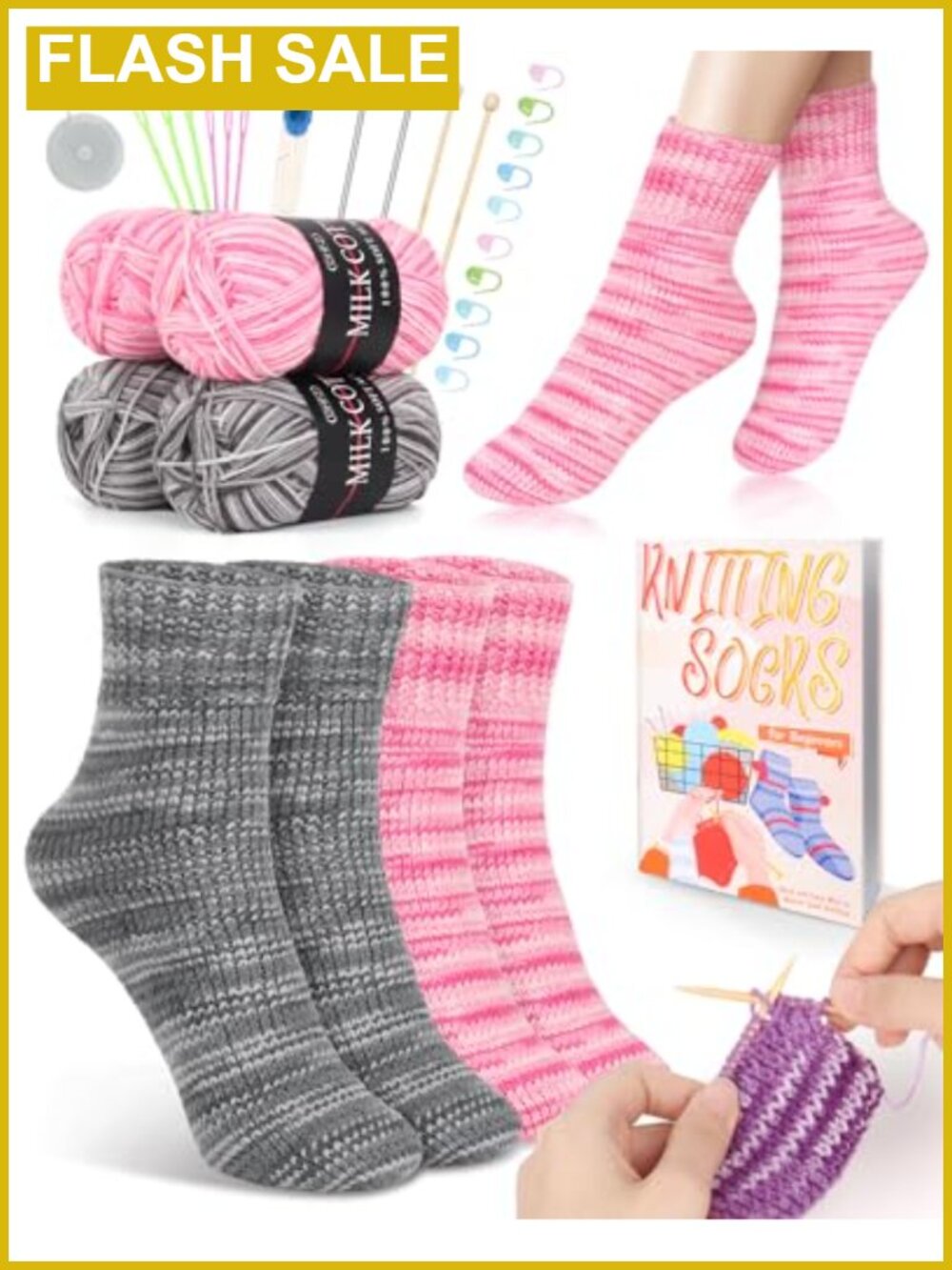Knitting Kit for Beginners Adults with Sock Pattern Book, Yarn and Needles,